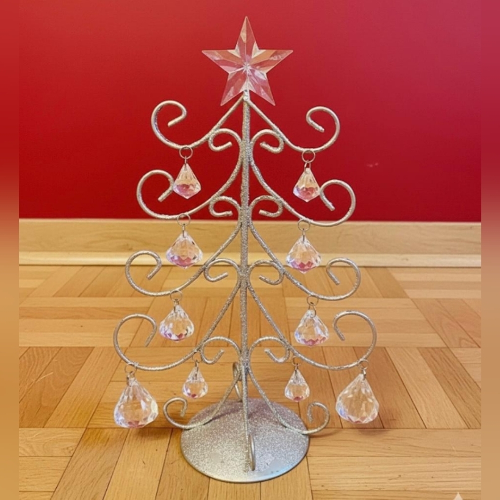 ELEGANT SILVER DECORATIVE CHRISTMAS TREE WITH CRYSTALS, APPROX. 11.5" TALL.